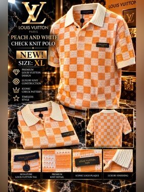 Louis Vuitton Peach and White Check Knit Polo🔥New! Size: XL